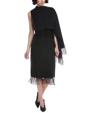 Oscar De La Renta Fringed Cape Wool Midi Dress Women's Grey 12