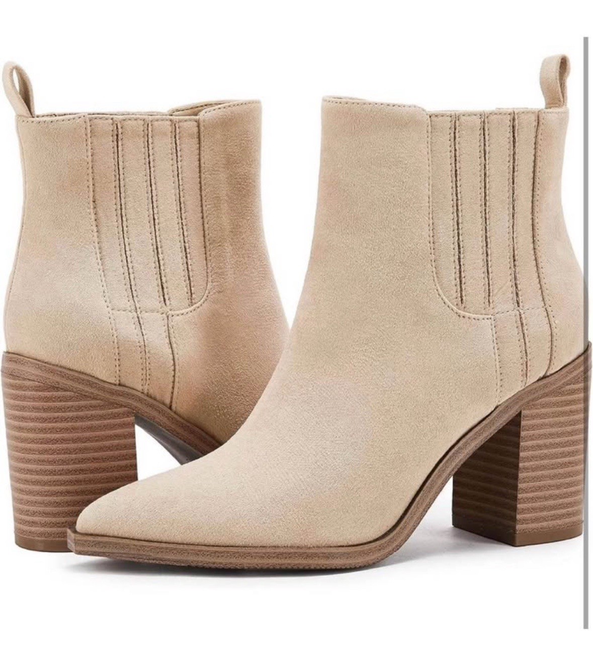 Beige Suede Chelsea Ankle Boots Pointed Toe Block Heel Pull On Women