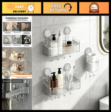 3 Pack Suction Cup Shower Caddy - No Drill Clear Shelves with Hooks Toothbrush