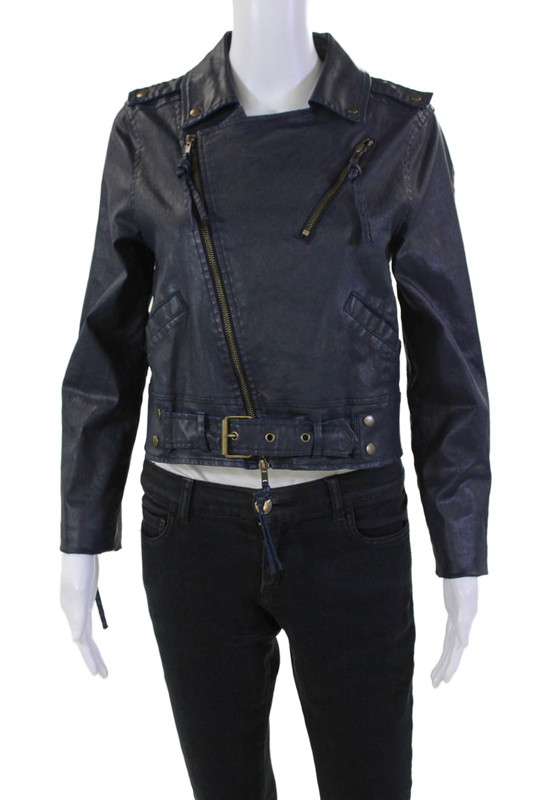 Artelier Nicole Miller Womens Textured Zip Collar Motorcycle Jacket Navy Size S