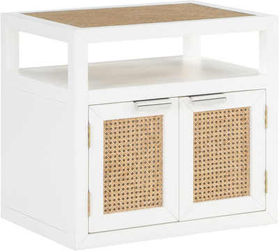 Mid-Century Modern Night Stand with Cane Top & Brass Handles, White 26'' W