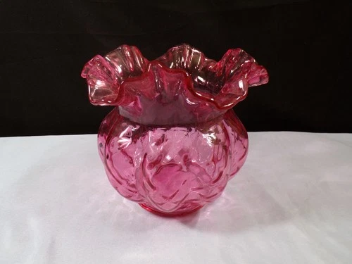 Fenton Cranberry Glass Large Rose Bowl Vase w/ Diamond Optic Design