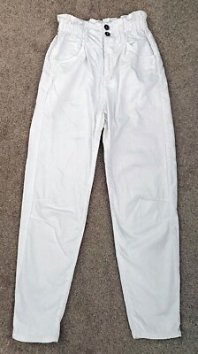 Zara White High-Waisted Paperbag Baggy Ankle Jeans, Elastic Waist