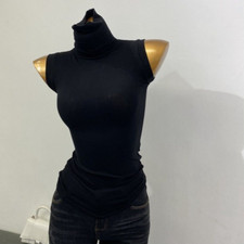 Women Turtleneck Vest Tank T-Shirts Top Slim Thin Sleeveless Crop Top Tee Ribbed