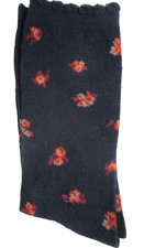 NEW WOMENS 1 PAIR SZ 9-11 UNBRANDED DARK BLUE ORANGE FLORAL CREW SOCKS