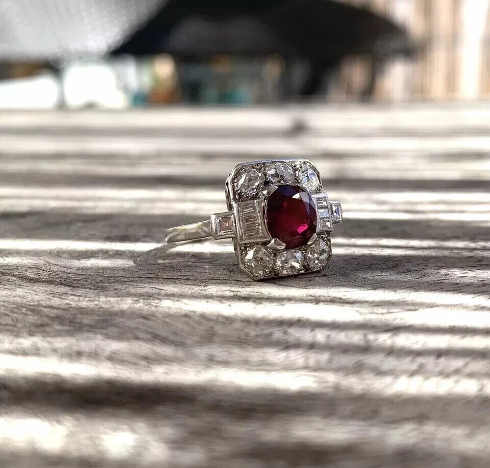 Anillo Promesa Estilo Antiguo Art Deco 2.3 Ct Rubí Simulado Oro Blanco 14k Sobre Foto 2 de 4