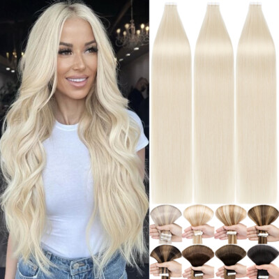 10-60PCS Tape In Human Hair Extensions Tape On 100% Real Skin Weft Thick Glue US