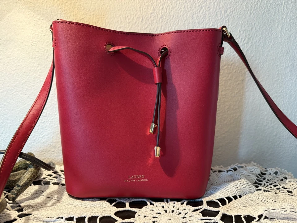 Ralph Lauren Red DRYDEN DEBBY II Drawstring Leather Crossbody Bucket Bag EUC