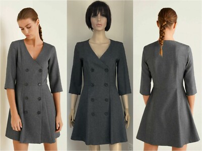 MANGO CASUAL Charcoal Grey Quarter Sleeve Double Breasted Tuxedo Style Dress S