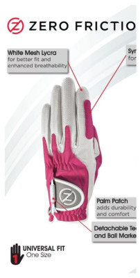 Zero Friction Performance Left Hand Compression-Fit One Size Golf Glove pink.