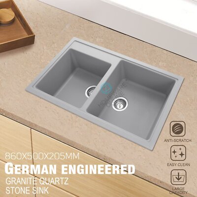 Curated visual reference: Picture Idea: German Engineered Granite Stone Concrete Grey Kitchen Sink Double Bowls