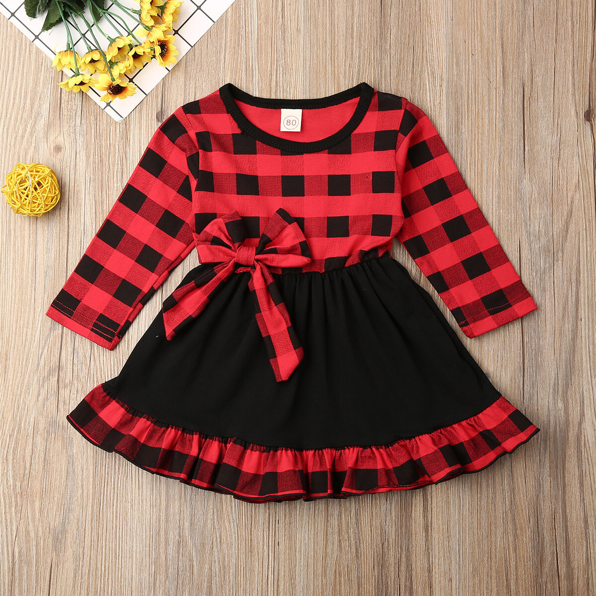 NEW Christmas Buffalo Plaid Girls Red Long Sleeve Dress 18M 2T 3T 4T | eBay