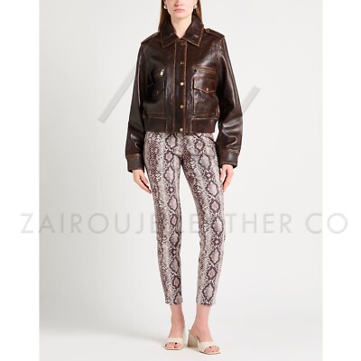 Leather Bomber Jacket for Women Vintage Brown Real Lambskin