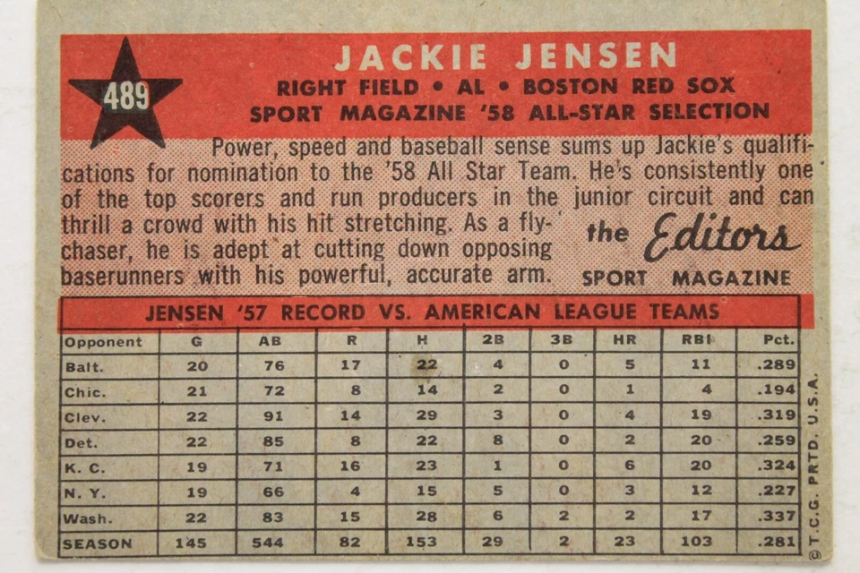 Jackie Jensen (d.1982) Red Sox Autographed Signed 1958 Topps #489 RARE Card  - Image 2 of 2