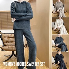 Womens Knitted Hooded Sweater Wide Leg Pants Fashionable 2Pcs Set Thickened