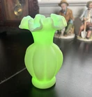 Uranium Glass Satin Ruffled Vase 5" Melon Shape Vintage UV Glow