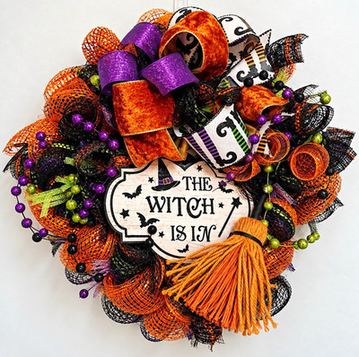 Handmade Halloween Witch Wreath 12  Orange Purple Black Mesh Bow Broom Decor