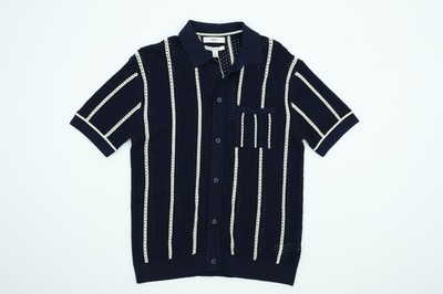 Marks & Spencer Men's Polo Navy Blue Striped Button Pocket New