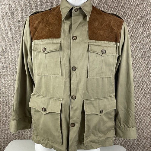 Vintage Woolrich Hunting Jacket Men’s L USA Leather Shoulder Patch Safari R1