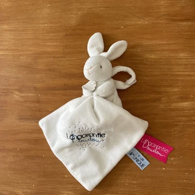 Peluche lapin La garantie DOUDOU ET COMPAGNIE mouchoir blanc étiquette rose bleu - Photo 1/4