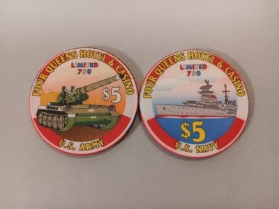 Four Queens Hotel & Casino 2 $5 Chips 4th of July 1999 Tank & Navy Battleship