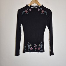Desigual XS Black Floral Ribbed Long Sleeve Top High Neck
