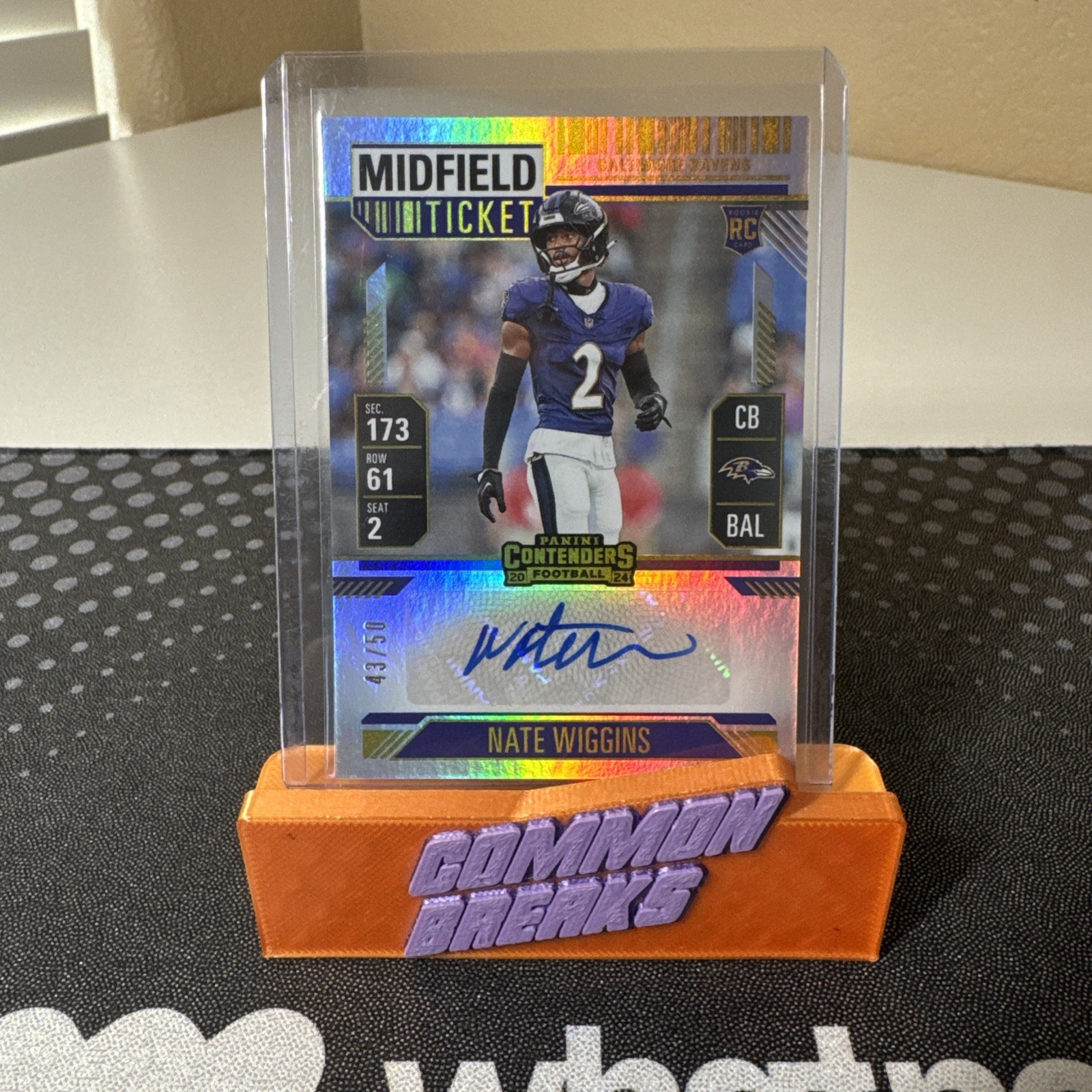 2024 Contenders Nate Wiggins Rookie Ticket Auto RC Midfield /50 Ravens