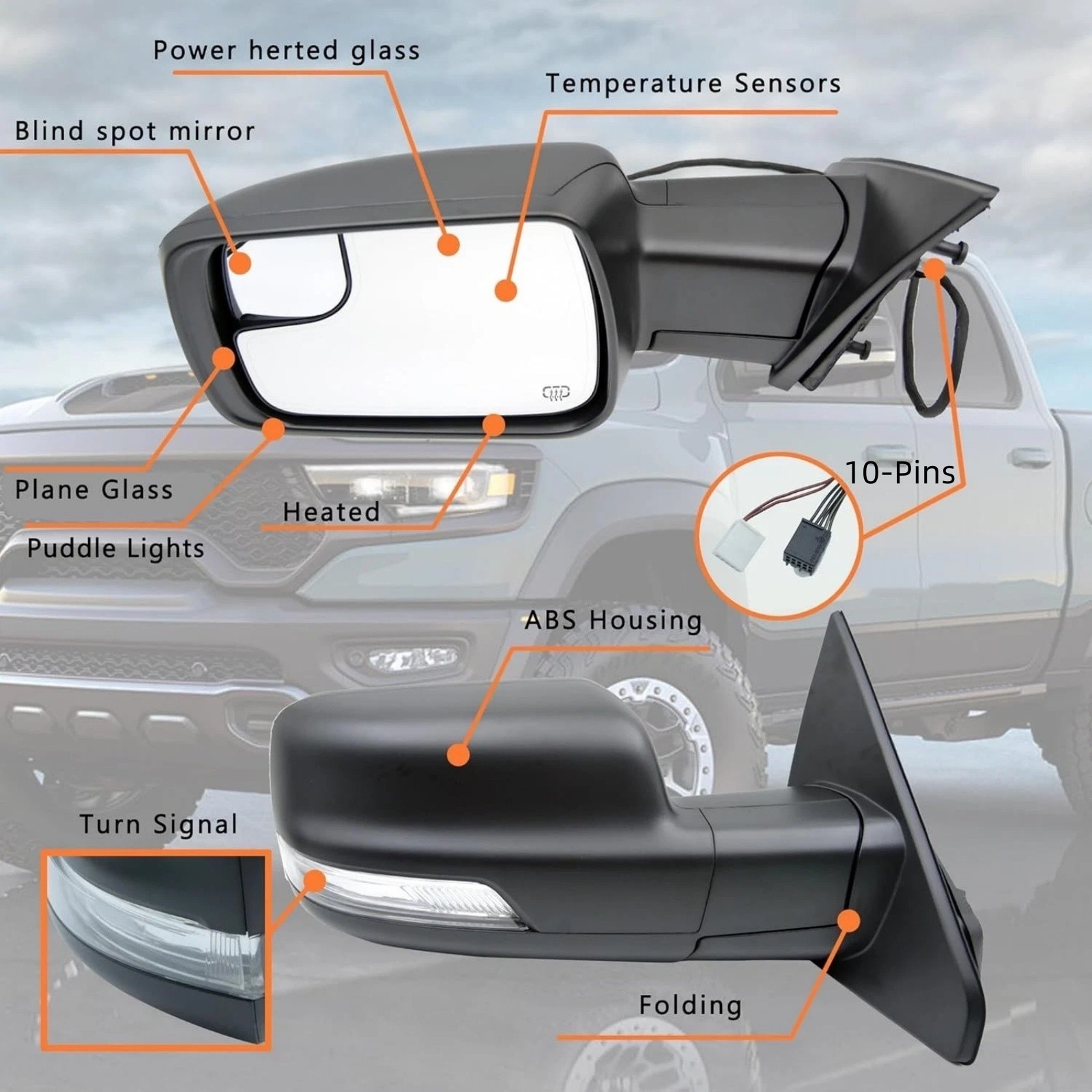 Mirror w/ Power Fold Signal & Puddle Lamp For 19-24 Ram 1500 Left Side Textured thumbnail 7