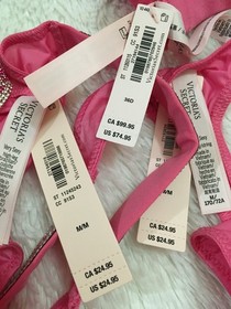 VICTORIA'S SECRET SHINE STRAP PADDED Bra Thong & Brazilian Set 36D/M Rose Garden
