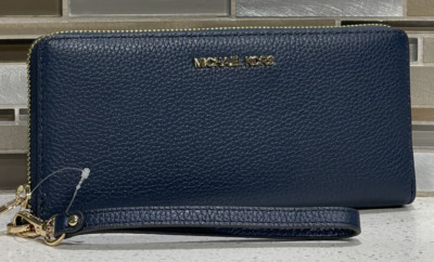 MICHAEL KORS JET SET LARGE TRAVEL CONTINENTAL ZIP WALLET MK NAVY BLUE LEATHER