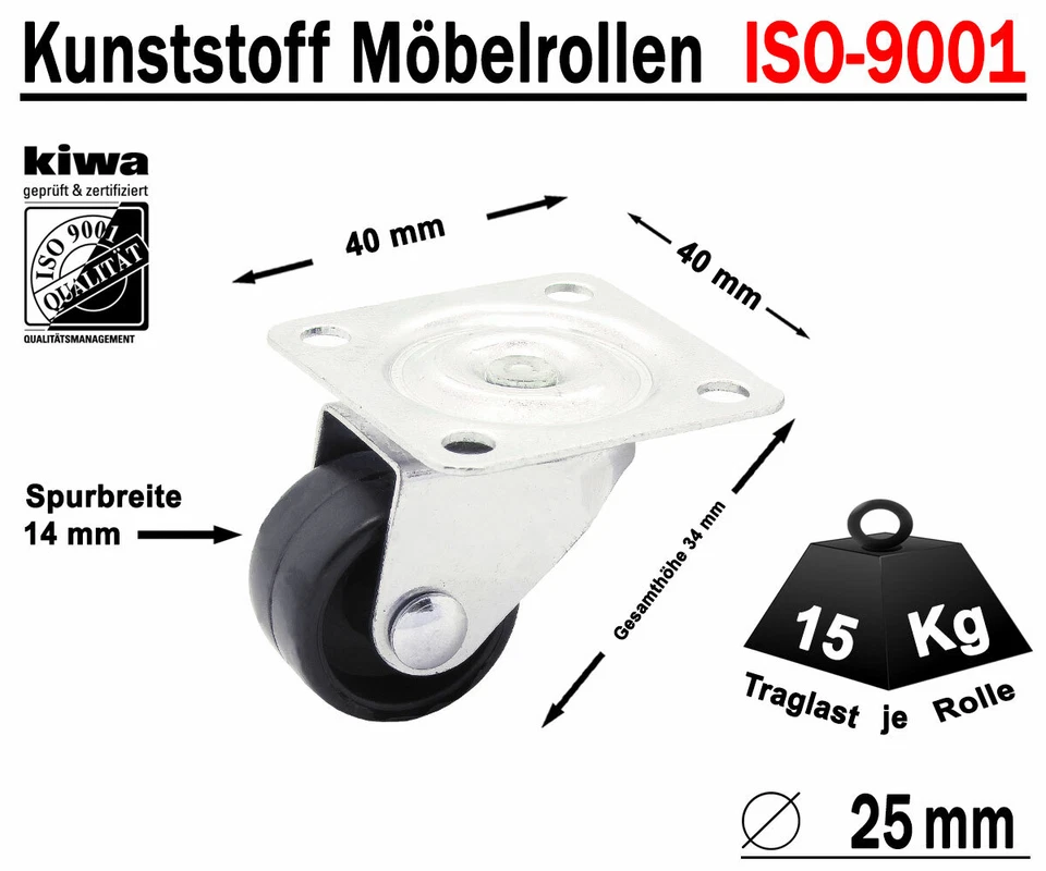 4 x 25mm Kleine Möbelrollen Tischrollen Kastenrollen Lenkrollen Kunststoffrolle - Bild 3 von 4