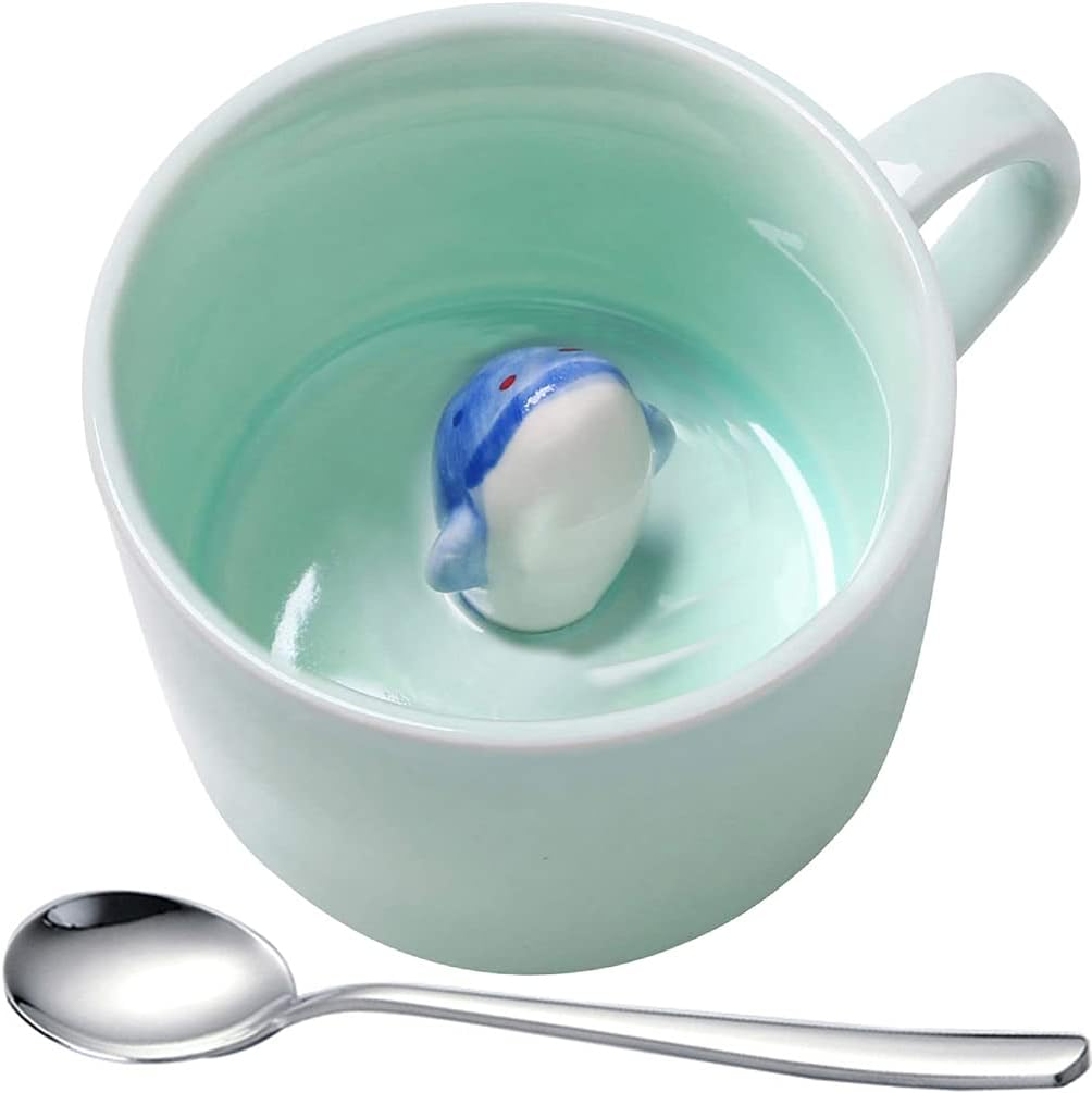 Dolphin 3D Mugs, 2Pcs Cute Animal Celadon Milk Mug with Spoon, Fine Porcelain Dr