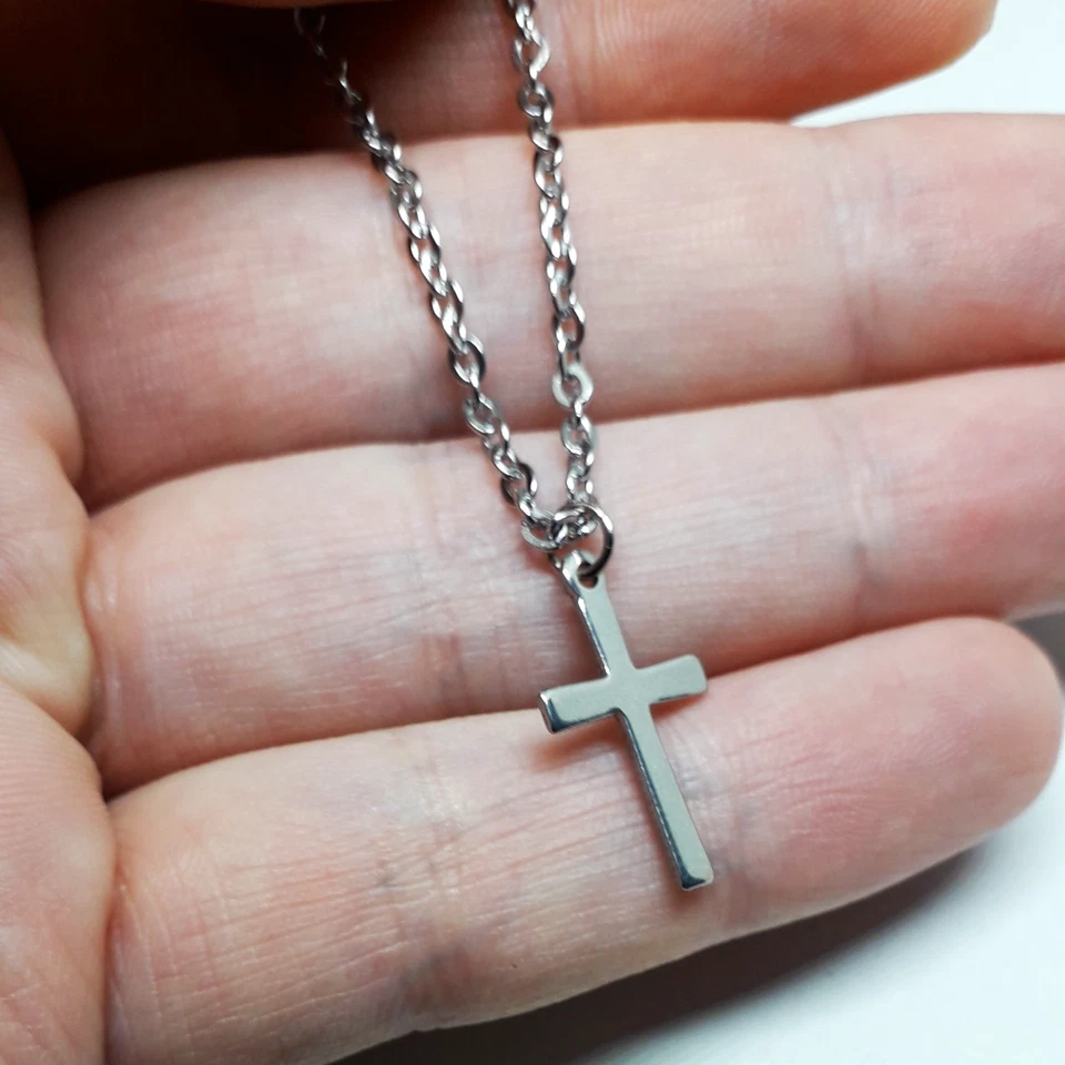 Collana con Croce 20x12mm in Acciaio inox catena argento ciondolo da Uomo Donna - Immagine 3 di 4