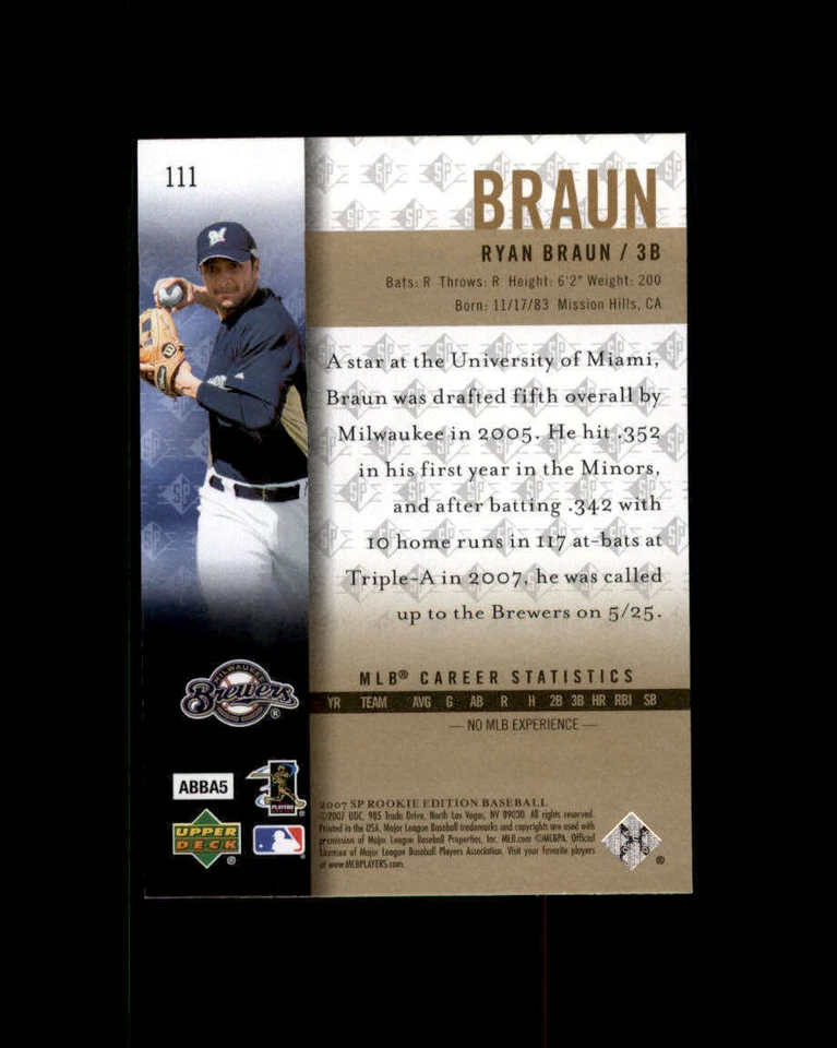 2007 SP Rookie Edition #111 Ryan Braun (RC) (ref 163877) - Image 2 of 2