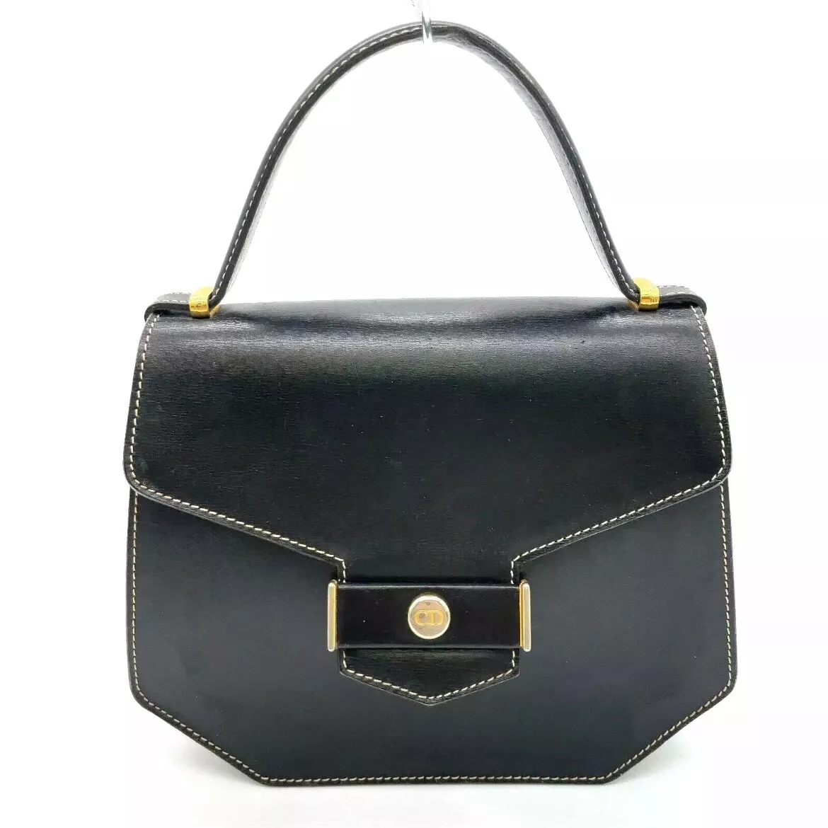 Authentique sac en cuir vintage CD Christian Dior noir poignée supérieure hexagonale