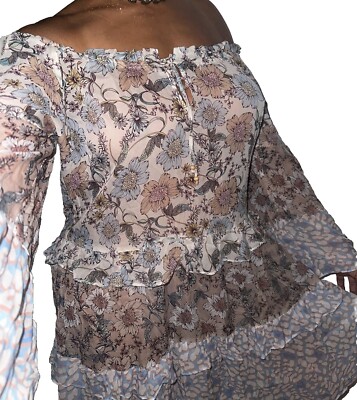 Hale Bob Dress Smocked Sheer Chiffon Tiered Ruffle Peasant Floral Off Women  Sz M | eBay