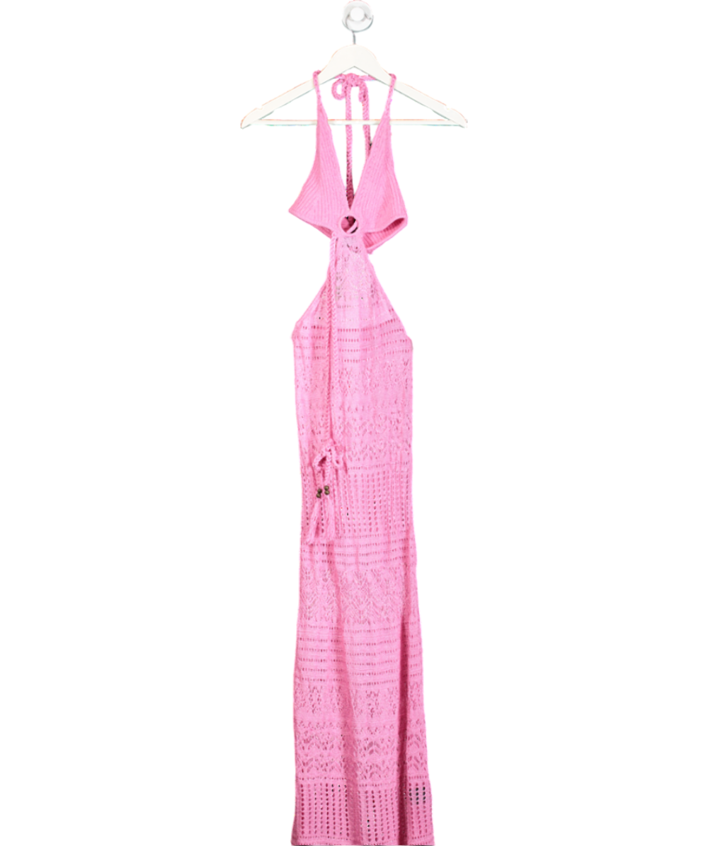 strapless open back dress Littlebox India Mesh Solid Ruched Hot Pink Midi Dress XL main image 1