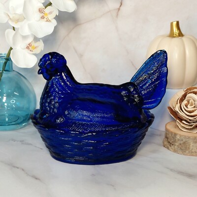 Hen on Nest Chicken Cobalt Blue Glass Depression Style Candy Dish, Vintage Style