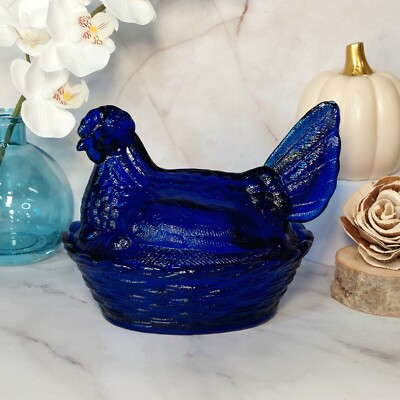 #ad Hen on Nest Chicken Cobalt Blue Glass Depression Style Candy Dish Vintage Style $38.95