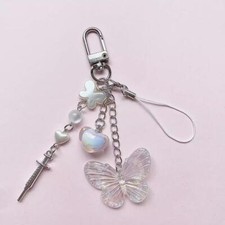 Butterfly Pendant Keychain Simulated Pearl Heart Keychain Phone Accessories 