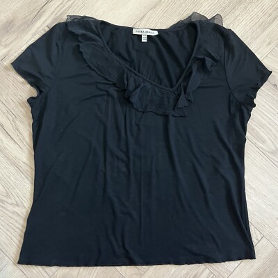 Laura Ashley Black T-Shirt Size Medium Asymmetrical Neck Ruffle Y2K Cap Sleeve