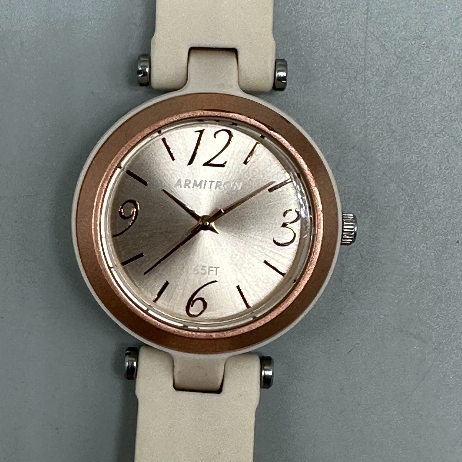 Armitron Watch Women Rose Gold Tone Cream Silicone Band New Battery 9.5 Inch