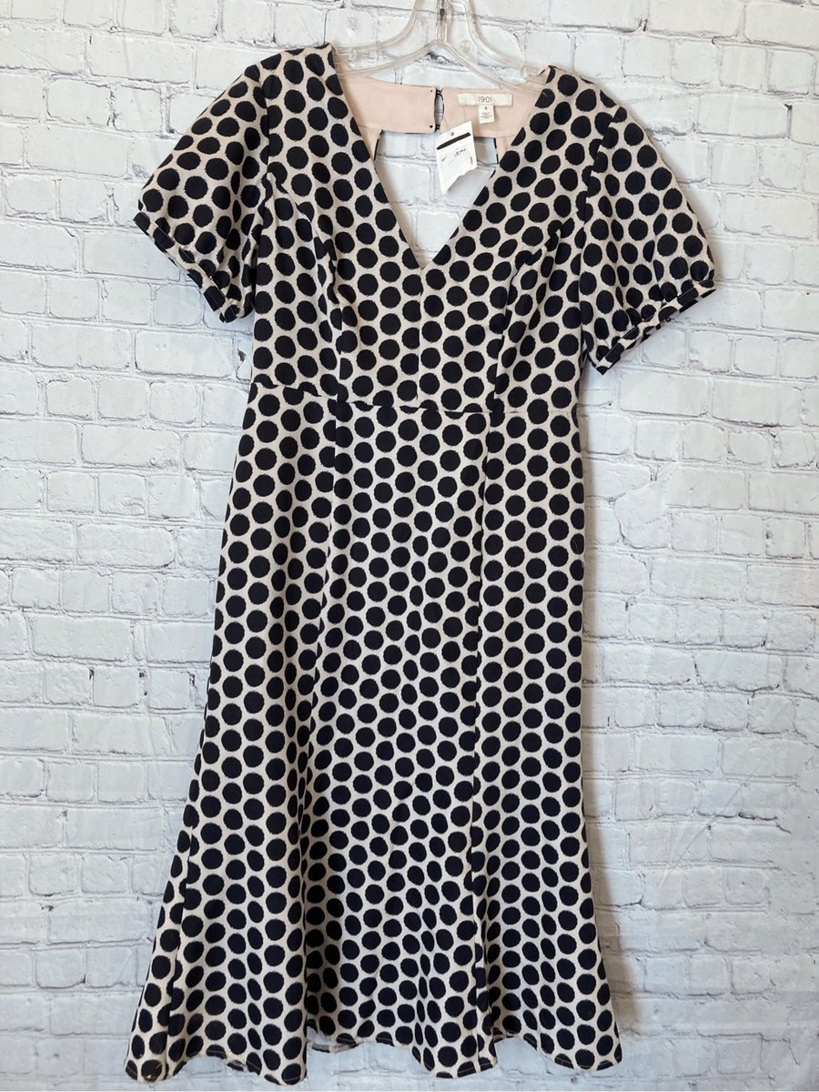 1901 Womens 4 Midi Dress Black Polka Dot V Neck Cut Out Back Lined Flowy NWT