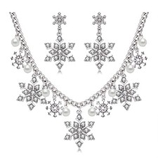 Christmas Necklace Colorful Sparkly Rhinestone Pearl Silver Snowflake