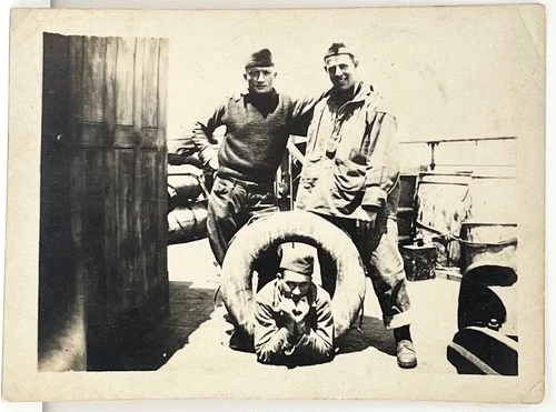 WWII US Navy Sailors Aboard Ship Funny Tire Pose Vintage Military Snapshot Photo