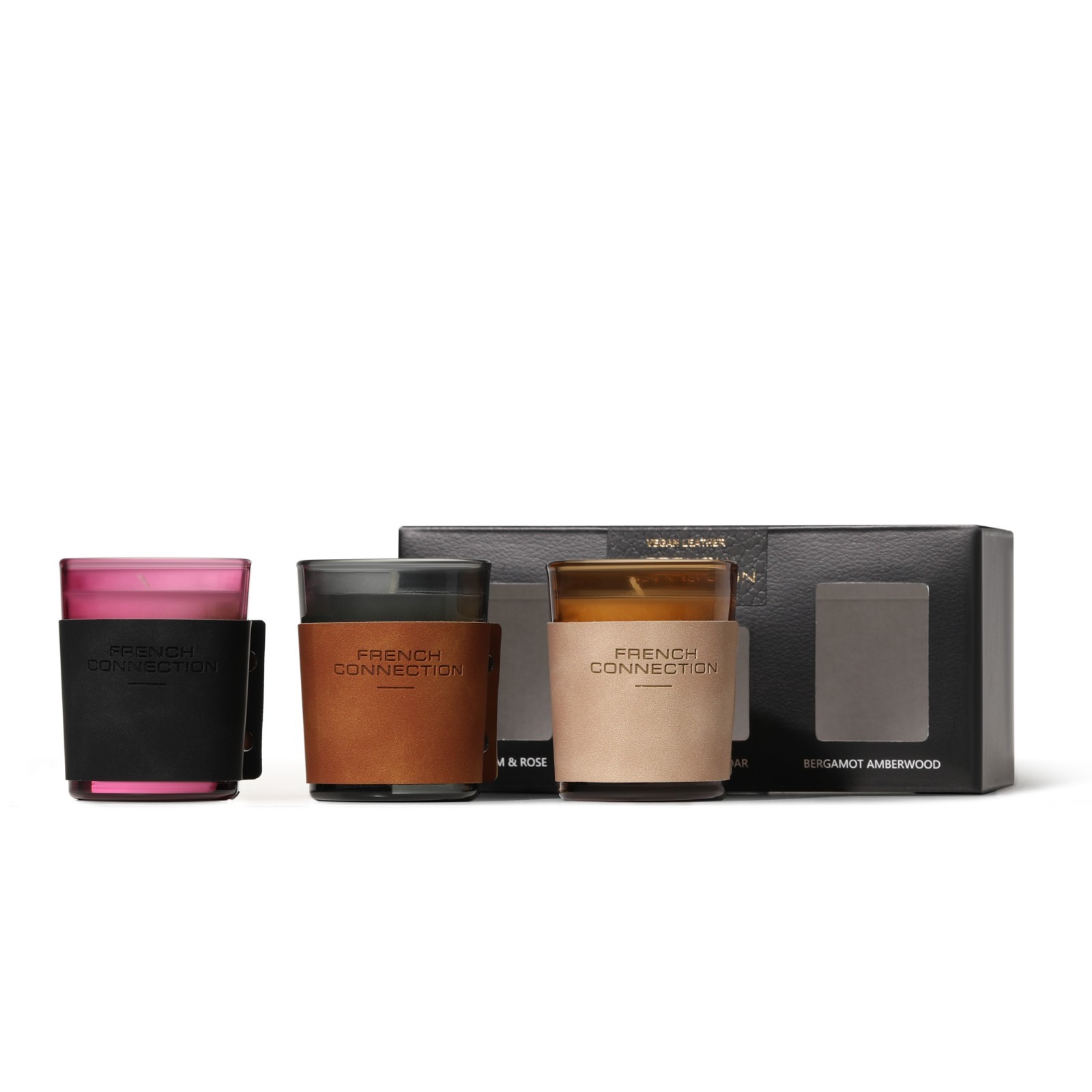 French Connection Luxury Leather Candle Gift Set – Small Scented Candles 3 x 54g