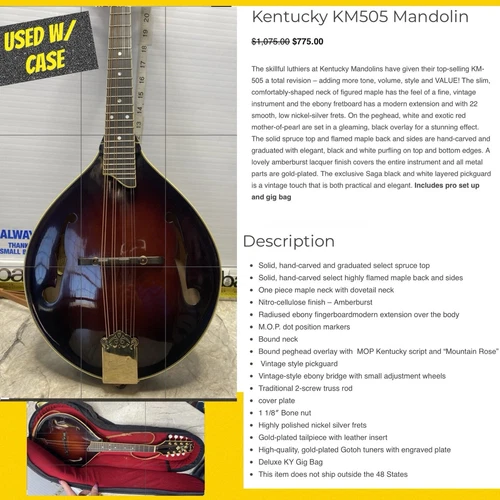 Kentucky KM-505 Artist A-Style Mandolin Amber Burst W Case HAND CARVED INSTR