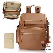 Large Leather Baby Diaper Bag Backpack with 17 Diaper Bags - Congac