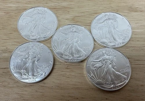2026 American Silver Eagle 1 oz. Fine .999 US oz Coins- Lot Of 5