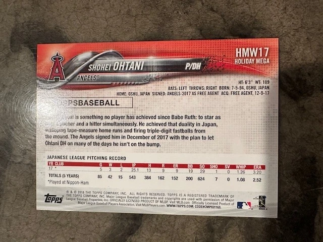 2018 Topps Shohei Ohtani Holiday Rookie Card #HMW17 Angels Dodgers - Image 2 of 2